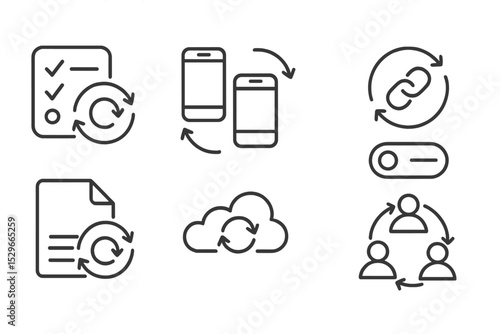 Data Sync Icons. Line style icons of data synchronization: version sync tracker, connected app sync, shared link update, user sync