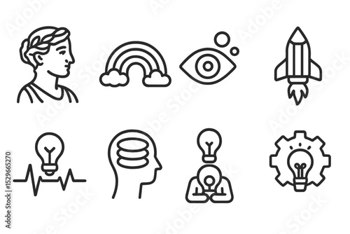 Creativity Icon Set. Line style icons of creativity: muse icon, rainbow stroke, vision bubbles, pencil rocket, creation pulse,