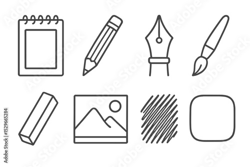 Art Supplies Icons. Line style icons of drawing: sketchpad, graphite pencil, ink pen, paintbrush, charcoal stick, line drawing,
