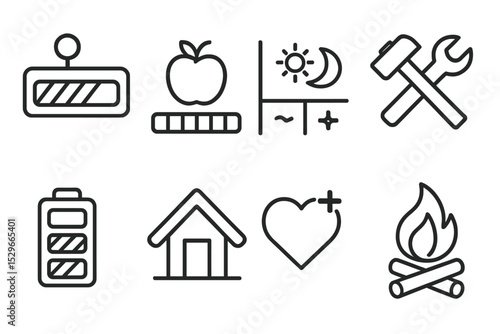 VR Game Icons. Line style icons of VR games: survival stats, hunger bar, day-night cycle, crafting icon, resource meter, shelter