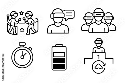 VR Game Line Icons. Line style icons of VR games: multiplayer arena, voice chat, team icons, match timer, energy bar, player