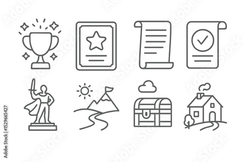 Quest Game Icons. Line style icons of quest games: celebration icon, reward screen, end scroll, mission complete, hero statue,