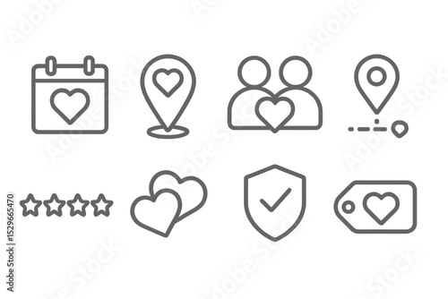 Dating Apps Icons. Line style icons of dating apps: date calendar, romantic location, nearby match, distance range, star rating,