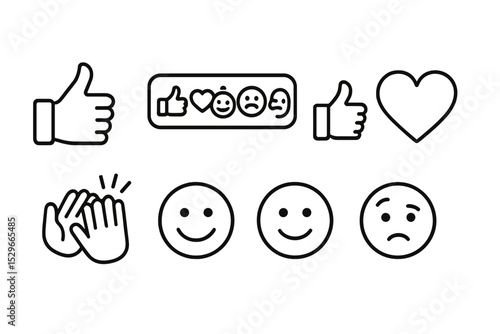 Online Forum Icons. Line style icons of online forums: like button, reaction set, thumbs icon, heart icon, applause icon, lol
