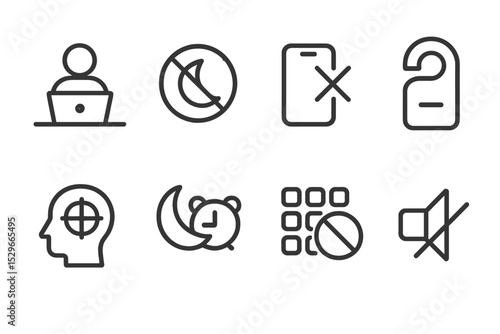 Productivity Tools Icons. Line style icons of productivity tools: work session, zero distraction, phone off, do not disturb, deep
