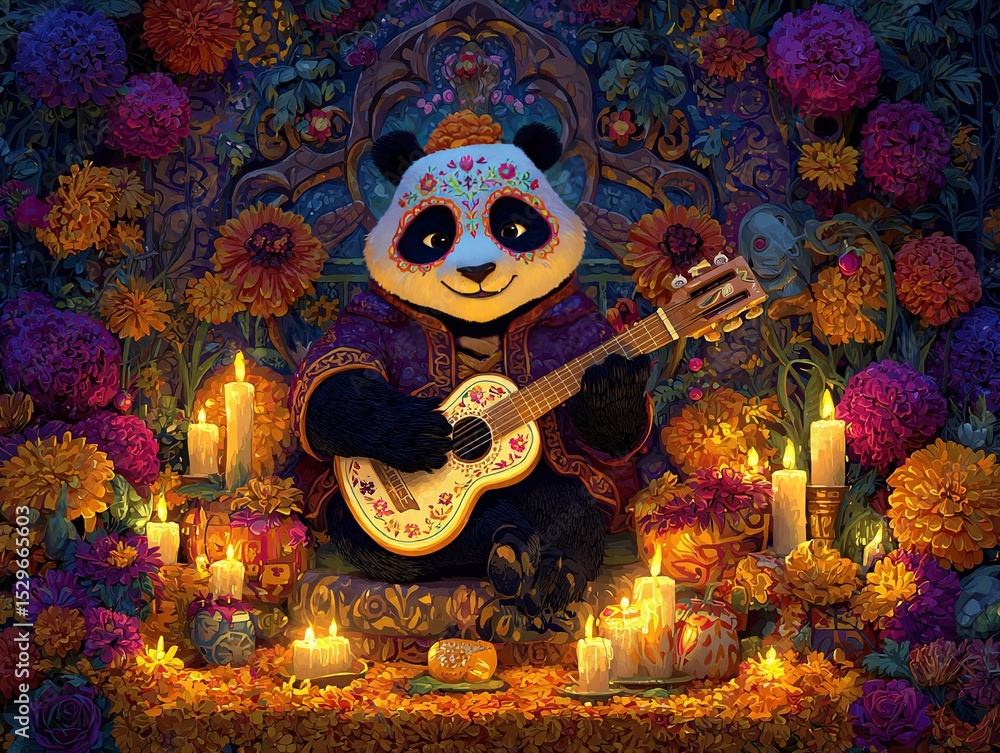 Fototapeta premium Panda with face paint playing a floral guitar amid glowing candles and marigold flowers in a richly decorated Día de los Muertos celebration scene