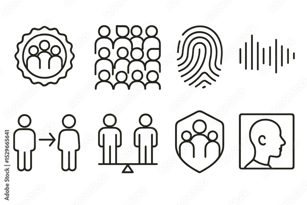 Inclusivity Icon Collection. Line style icons of inclusivity: diversity badge, people mosaic, unique fingerprint, voice wave icon, Inclusivity Icon Collection. Line style icons of inclusivity: diversity badge, people mosaic, unique fingerprint, voice wave icon,