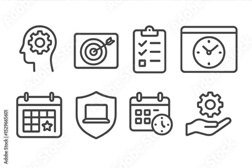 Remote Work Icons. Line style icons of remote work: self-management, goal card, daily check, time window, weekly plan, autonomy
