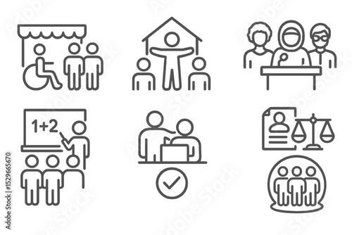 Icons of Inclusivity. Line style icons of inclusivity: accessible event, community welcome, diverse speakers, inclusive classroom,