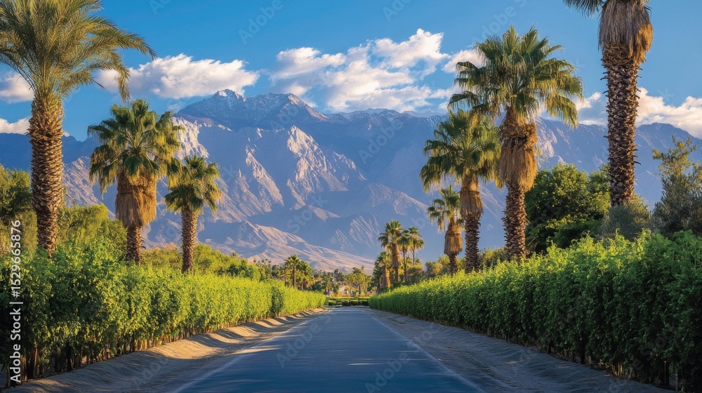 Fototapeta premium Palm Tree Lined Road with Mountain View