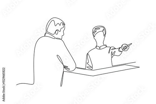 Simple continuous line draw of the receptionist gives directions to customers. Hand drawn style vector design illustrations. Call center minimalist concept.