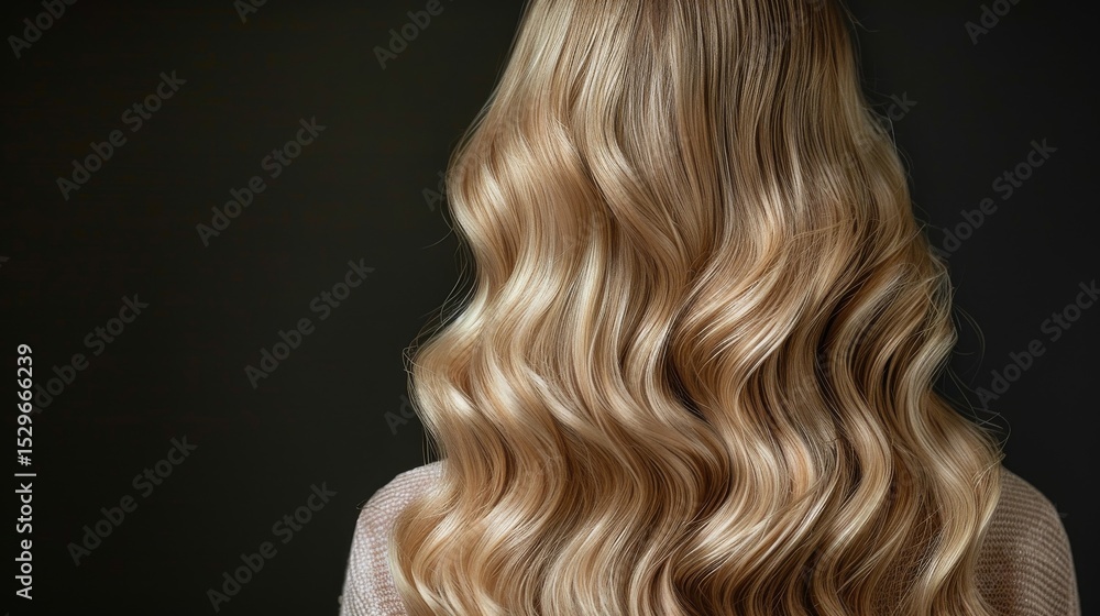 Fototapeta premium A stunning view of wavy long blonde hair cascading gracefully against a dark backdrop, emphasizing elegance, beauty, and the enchanting allure of hair as an art form.