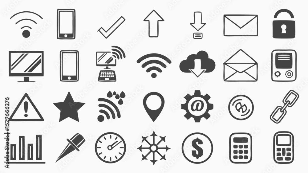 Collection of web and business communication vector icons, including mail, phone, and home symbols Collection of web and business communication vector icons, including mail, phone, and home symbols
