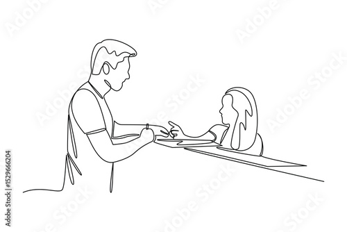 Simple continuous line draw of receptionist serves inn guest. Hand drawn style vector design illustrations. Call center minimalist concept.