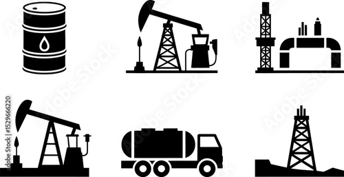 Oil and gas industry vector icons set petroleum production and transportation black silhouettes isolated 100 editable stock vector illustration