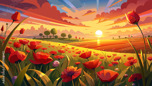 Beautiful sunset over a vibrant poppy field in full bloom, with red flowers gently swaying in the warm evening breeze. Golden sunlight casting soft, glowing light across the landscape