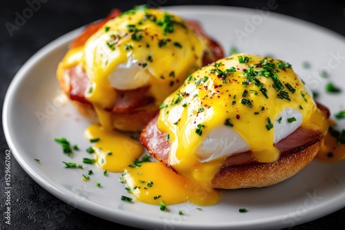 Two eggs benedict sandwiches on a plate.