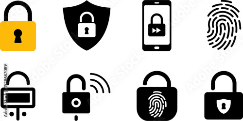 Security icons set vector illustration of lock shield phone fingerprint and padlock for data protection and safety editable stock vector illustration