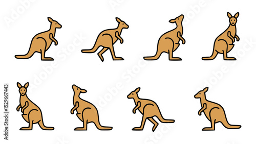 A collection of kangaroo illustrations in various poses. The marsupials are depicted with a simplistic yet recognizable design