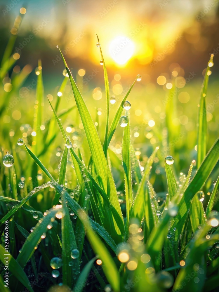 Fototapeta premium Lush Green Grass with Dewdrops in Morning Sunlight