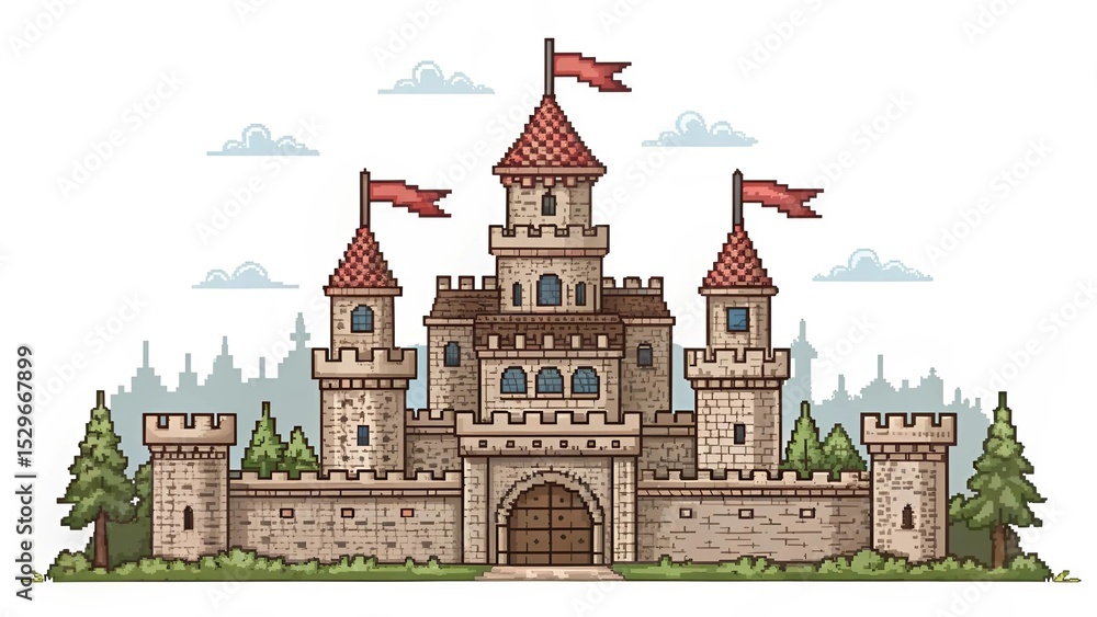 Fototapeta premium Fantasy Pixel Art Castle with Towers and Flags