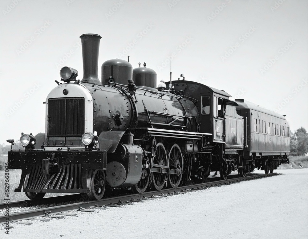Naklejka premium Historic Black and White Steam Train Locomotive with Passenger Car on Railway Tracks