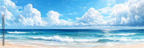 Vector illustration of summer sandy beach, watercolor paints, banner