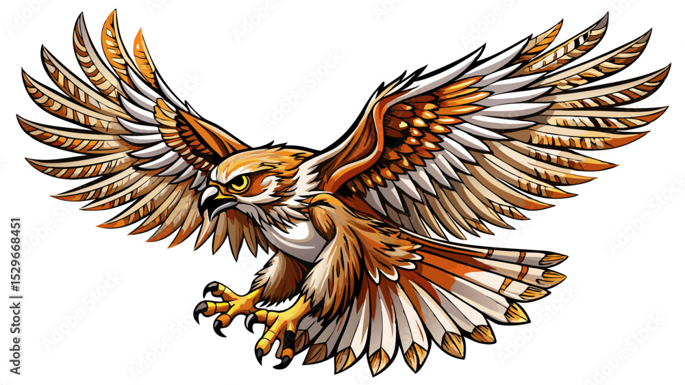 Fototapeta premium Hawk in Flight: A majestic hawk soars through the sky, its wings outstretched in a powerful display of freedom and grace. The intricate patterns of its feathers are visible in stunning detail.Very bea