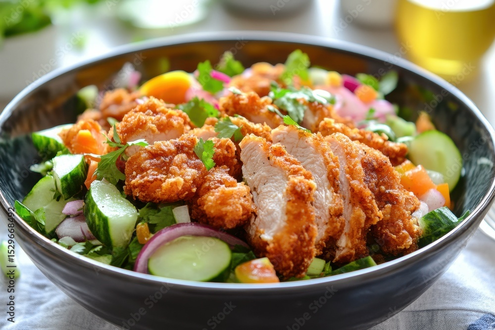 vibrant color visual of spicy salad with fried chicken vibrant color visual of spicy salad with fried chicken