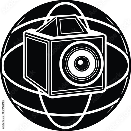 Camera cube surrounded by orbital lines, Silhouette  abstract vector illustration on white background