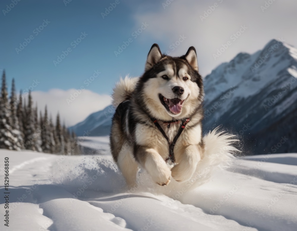 Naklejka premium Happy dog running joyfully through fresh snow in a winter landscape, surrounded by tall evergreen trees and majestic mountains, capturing the essence of outdoor adventure and playfulness
