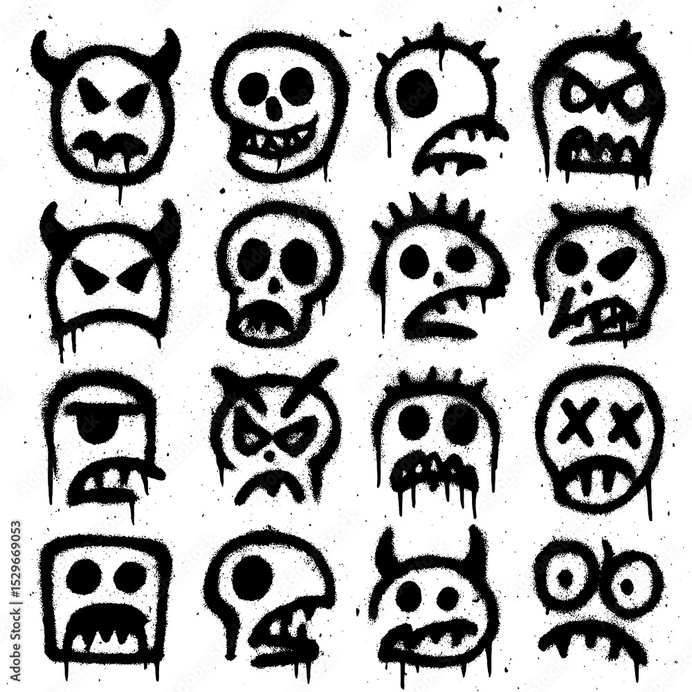 Spray Paint Monster Icons – Creepy Graffiti Characters with Blood Splatter Effect (Transparent PNG) Spray Paint Monster Icons – Creepy Graffiti Characters with Blood Splatter Effect (Transparent PNG)