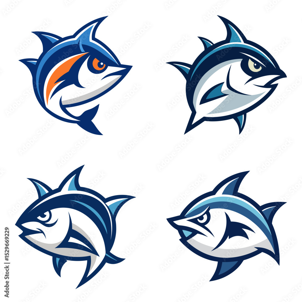 Four stylized tuna fish illustrations with varying expressions and color accents presented on white Four stylized tuna fish illustrations with varying expressions and color accents presented on white