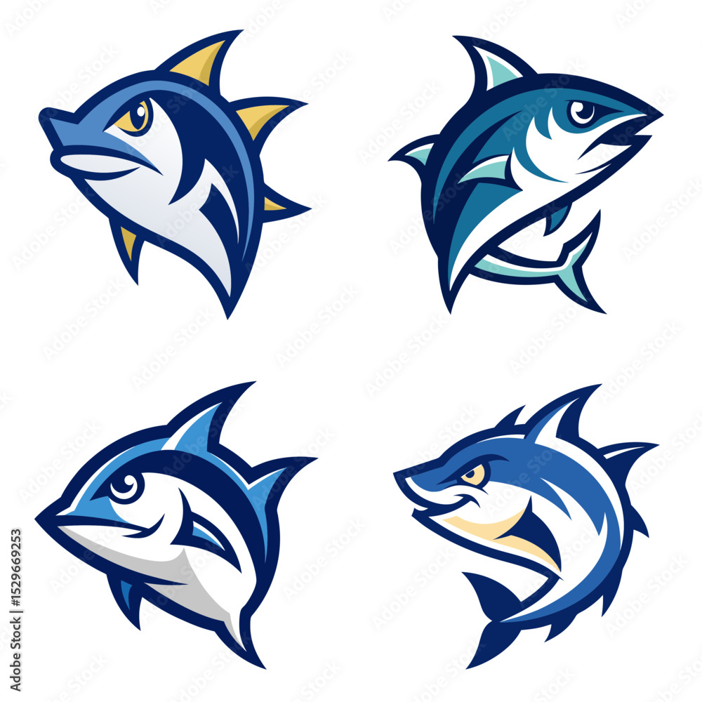 Naklejka premium Four stylized blue and white fish with various fin designs and expressions on a white background design