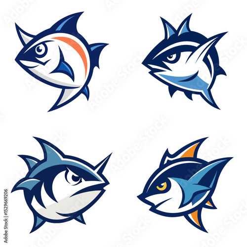 Collection of stylized fish designs with sharp fins and intense expressions in blue and white colors