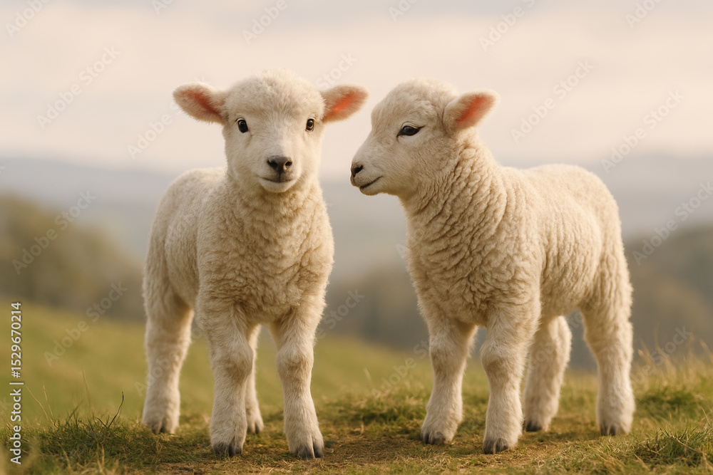 Two fluffy white lambs standing together on a grassy hill, bathed in golden evening light. A gentle and peaceful rural moment in springtime. Two fluffy white lambs standing together on a grassy hill, bathed in golden evening light. A gentle and peaceful rural moment in springtime.