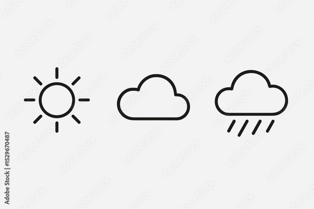Simple Weather Icons Sun, Cloudy, Rainy - Line Art Vector Graphics Simple Weather Icons Sun, Cloudy, Rainy - Line Art Vector Graphics
