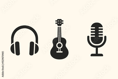 Simple Music Icon Set Headphones, Ukulele, Microphone