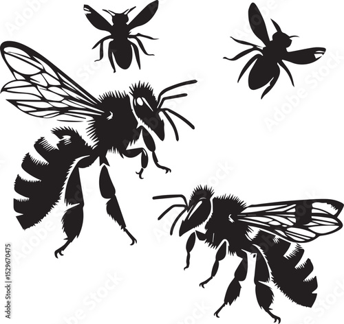 set of black silhouettes of honeybees