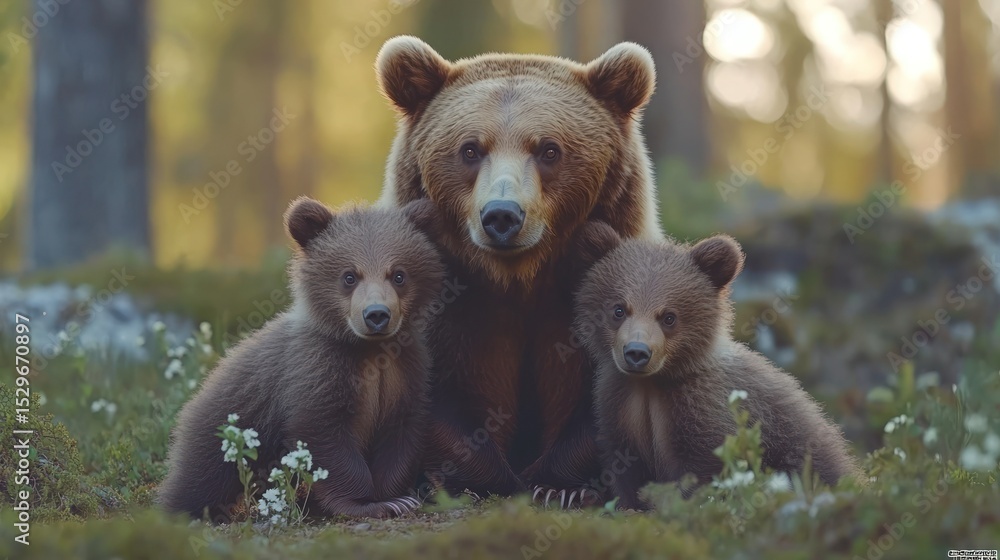 Obraz premium Brown bear mother with cubs in forest