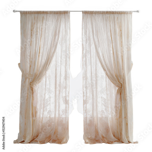Elegant beige lace curtains isolated on transparent background