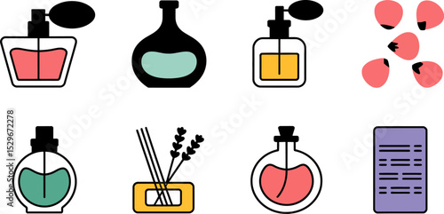 Perfume bottles fragrance aroma essential oil scent diffuser aromatherapy spa beauty cosmetic collection editable stock vector illustration