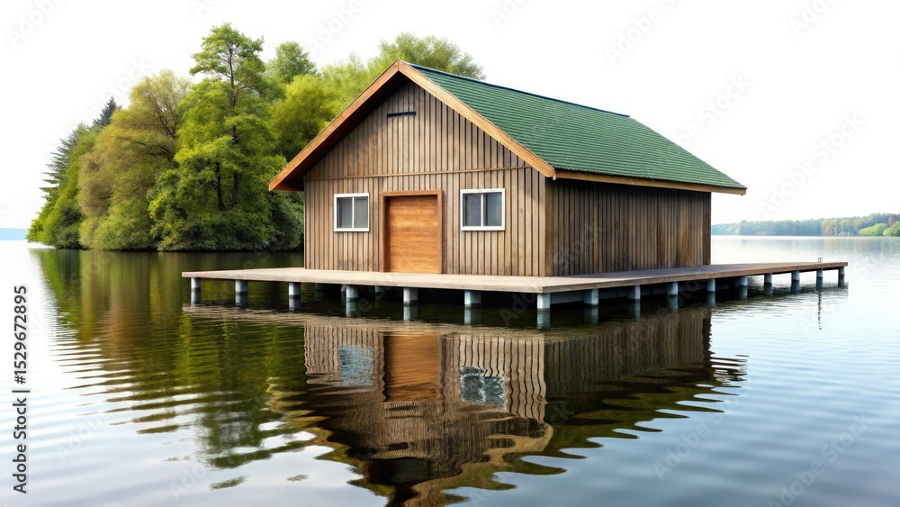 Fototapeta premium Vintage River Boathouse Photography: Classic Lakeside Scene, Old Wooden Structure, Nautical Charm