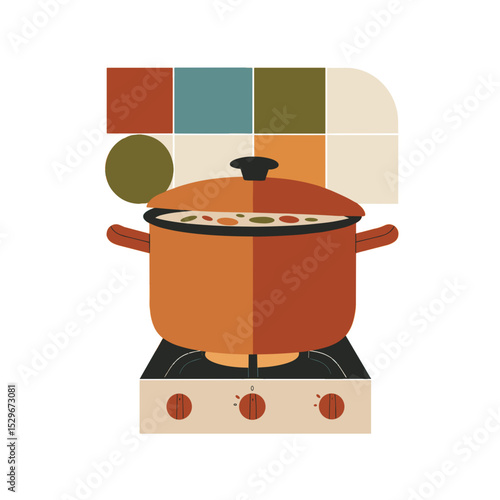 Cooking pot on stove illustration for food blogs and kitchen branding