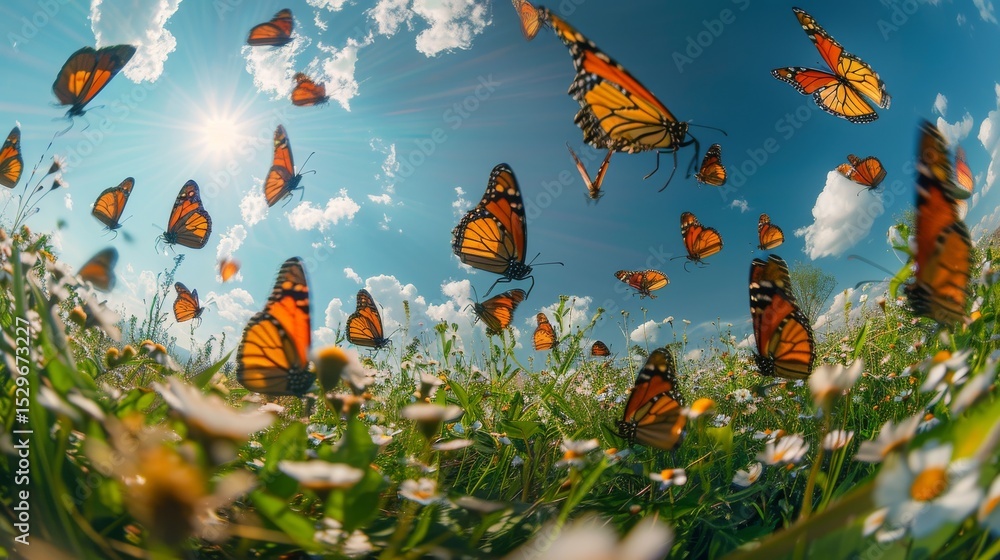 A stunning view of numerous orange Monarch butterflies flitting joyfully among blooming daisies in a sunlit field, capturing the beauty of nature's vibrant life cycle. A stunning view of numerous orange Monarch butterflies flitting joyfully among blooming daisies in a sunlit field, capturing the beauty of nature's vibrant life cycle.