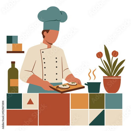 Chef cooking in kitchen illustration for culinary blogs and restaurant branding
