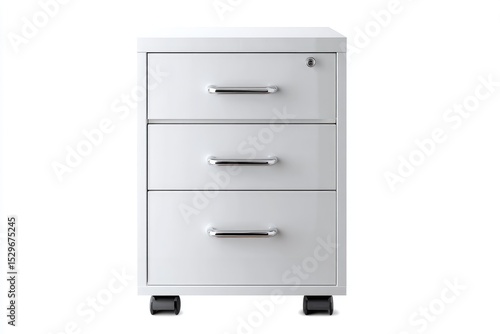 Three-drawer filing cabinet with metal handles.