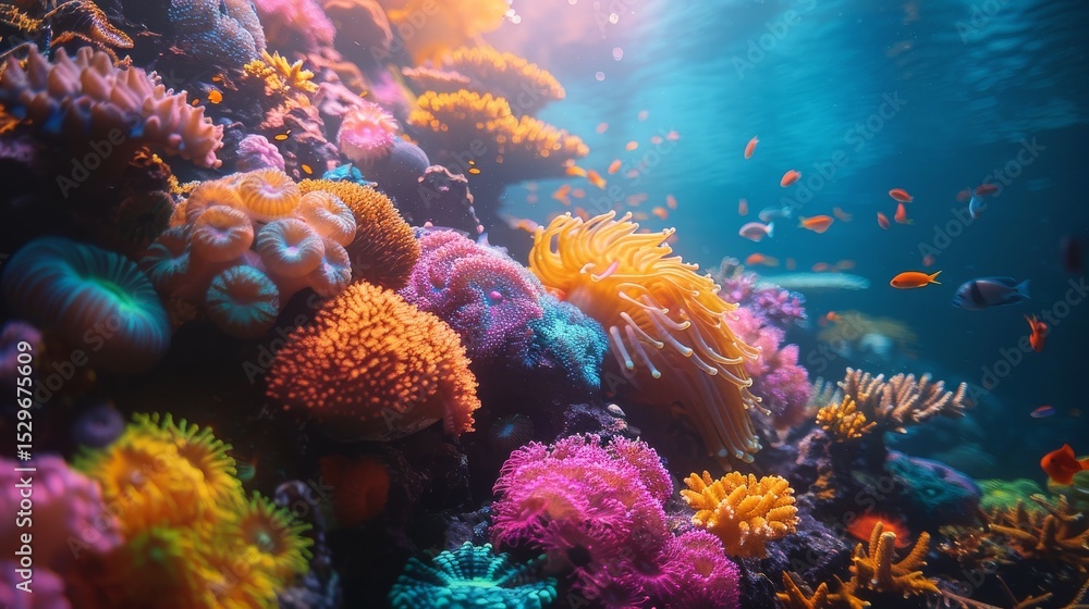 Fototapeta premium Dive into this vibrant underwater scene, teeming with colorful coral reefs and diverse marine life, highlighting the beauty and richness of aquatic ecosystems and biodiversity.