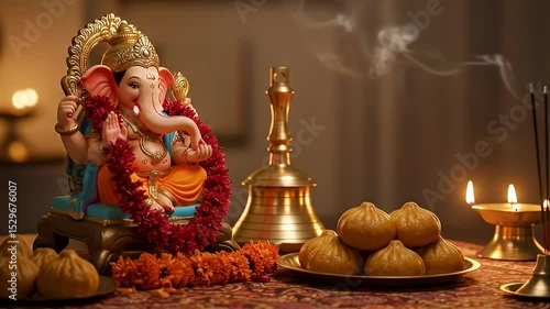 Ganesh Statue with Sweets and Incense