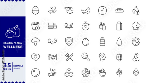  Pixel Perfect, Essential Healthy Food And Wellness Icons: Perfect for Nutrition Guides, Diet Plans, Wellness Apps, Fitness Programs,